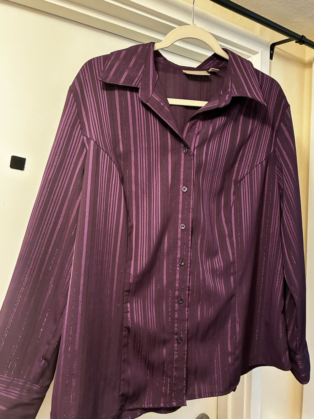 Whimsigoth Rocker Vamp Chic Purple Striped Sparkly Button Down Blouse Overshirt